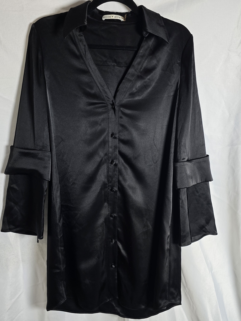 Alice + Olivia Black Satin Button Front Mini Shirt Dress Holiday Wedding, Sz 4
